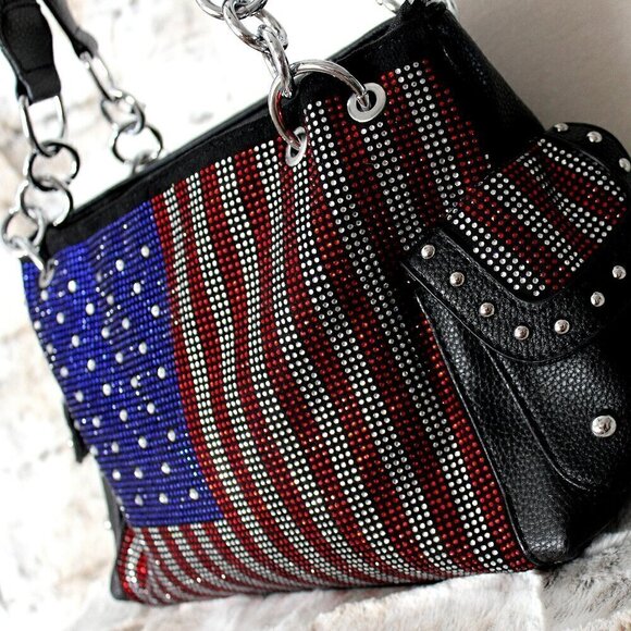 American Flag Red White Blue Rhinestone Bling Black Hobo Patriotic Handbag Bag - Picture 9 of 11